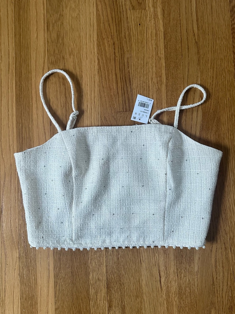 LUSH Cropped Cream Textured Spaghetti Strap Top